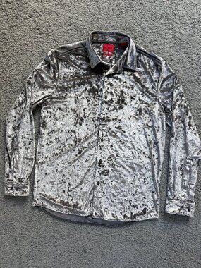 HUGO Boss Emero Silver Velvet Stretch Button Down Shirt -Size L- Excellent Cond.